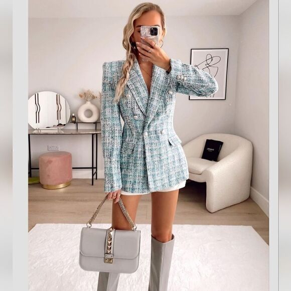 ZARA BLOGGERS FAV textured double blazer check tweed blue metallic chanelish s - Picture 1 of 9